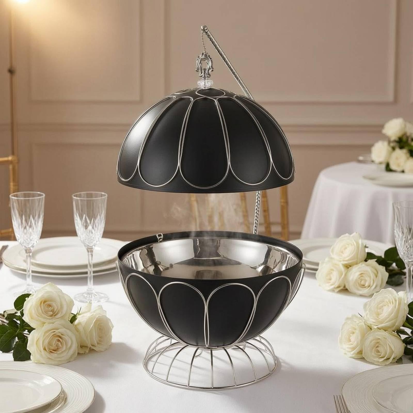 Chafing Dish Esférico de Acero Inoxidable con Tapa Suspendida Olla Buffet Redonda Recipiente Calentador con Quemador de Alcohol Adecuado para Catering Recepciones Autoservicio
