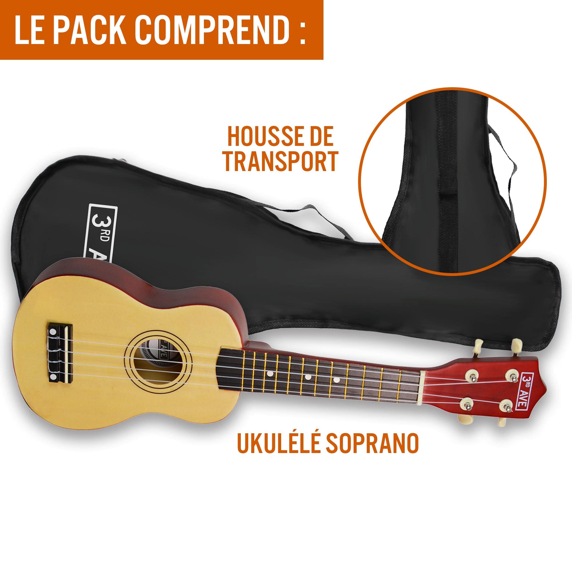 3rd Avenue Ukulélé Soprano 53 Cm pour Débutants – Naturel – Housse Gratuite