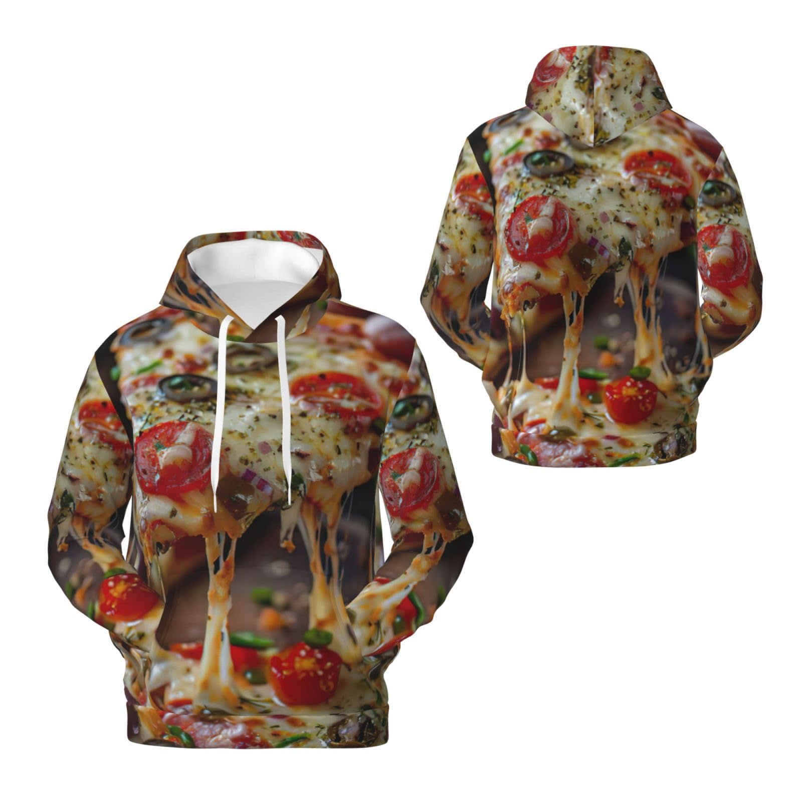 Męska bluza z kapturem z nadrukiem smacznej pizzy, casualowa grafika z nadrukiem bluzy z kapturem z kieszenią