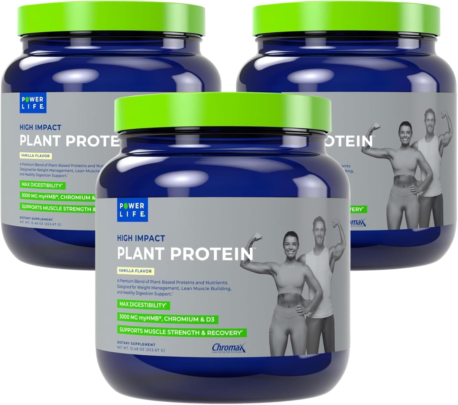 POWERLIFE High Impact Plant Protein Powder with 3000 MG of HMB, Plant-Based, No Sugar Added, Vegan, Keto Friendly, Non-GMO (Vanilla - New Formula) - 3 Pack