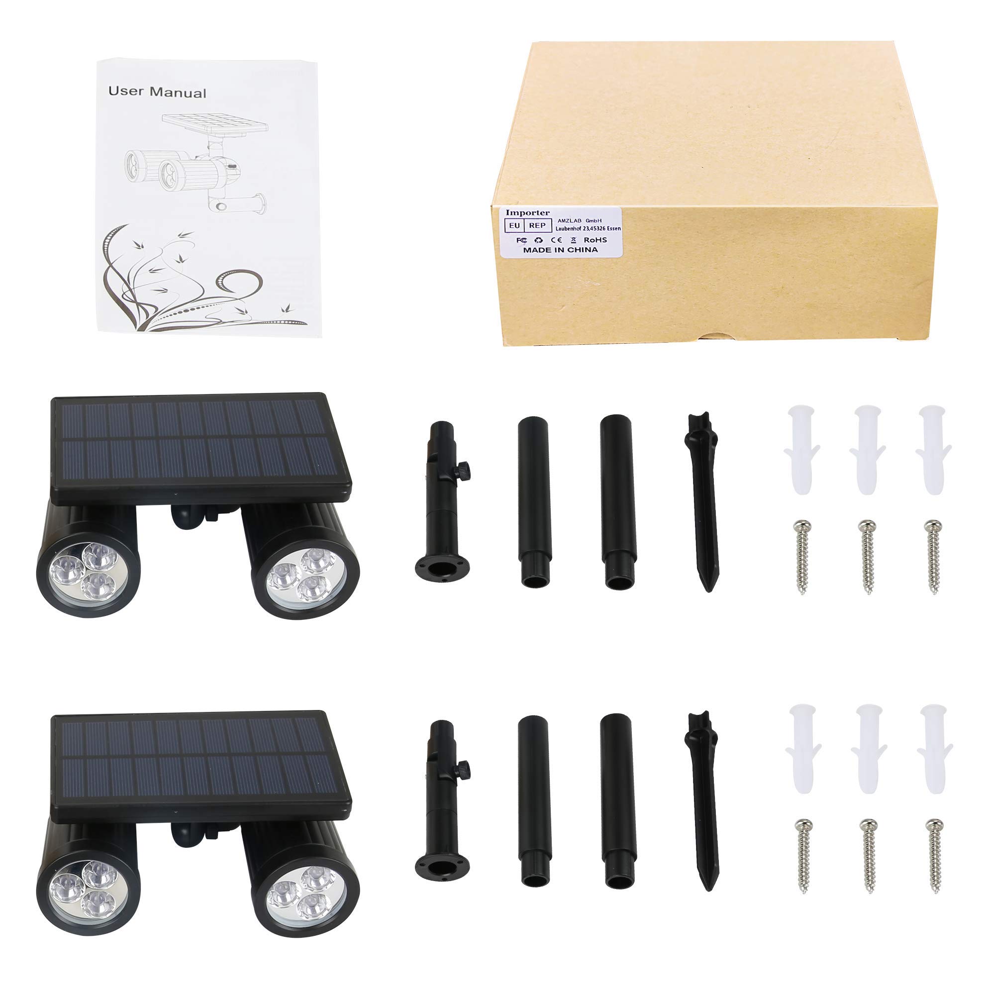 Faretti Solari da Esterno 2 in 1 LED Impermeabili IP65, 2 Pezzi | Pannello solare 5.5V/1.8W, batteria 2600mAh, 2 modalità luce (200LM/300LM), orientabile a 360°, installazione prato/parete