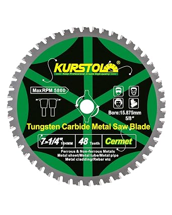 7-1/4 Inch Metal Cutting Saw Blade 48 Teeth - Ceramic Carbide Tipped for Steel, Iron, Steel Pipe, Non-Ferrous and Ferrous Metals, 5/8" Arbor