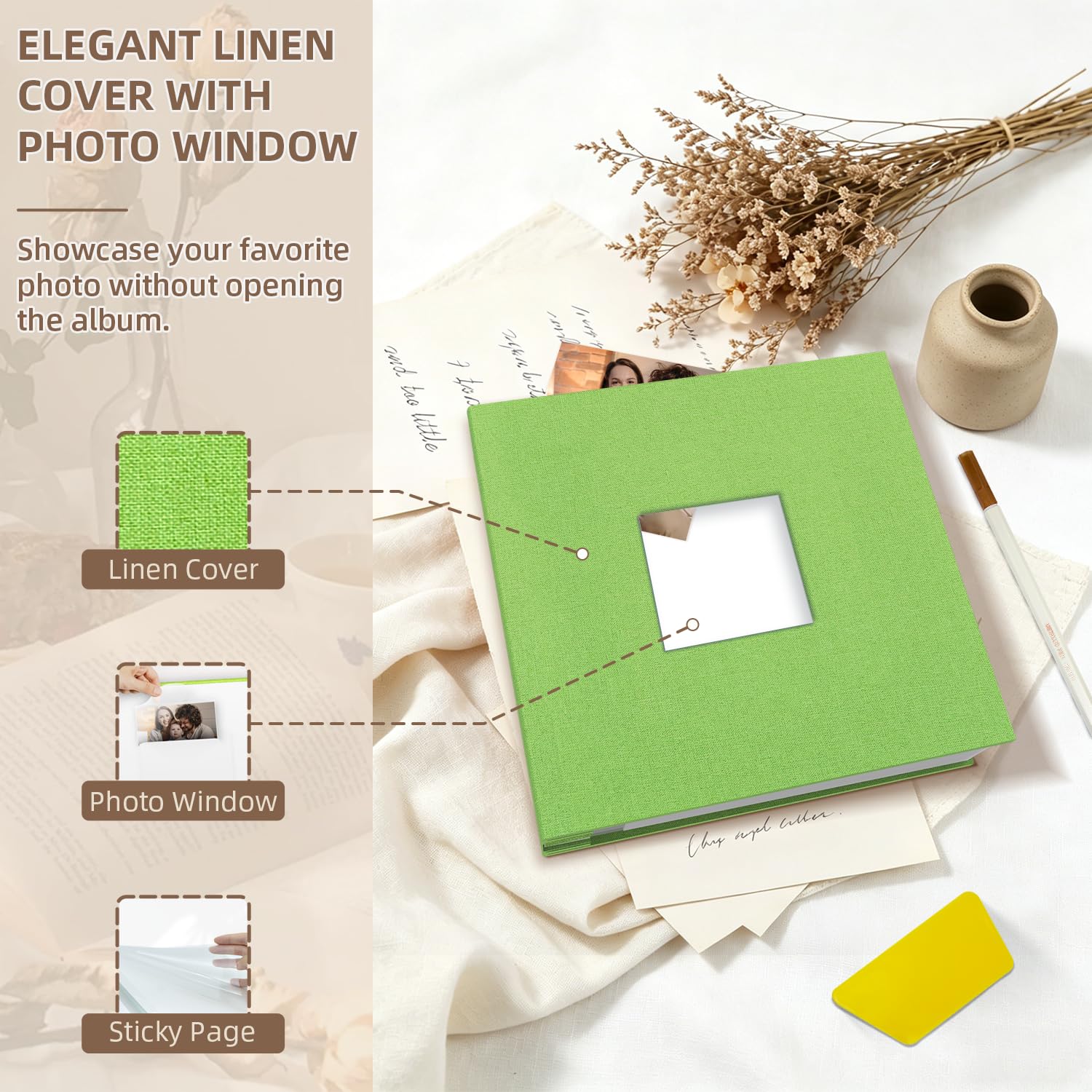 Popotop Álbum de fotos autoadhesivo con ventana de visualización de imágenes, 60 páginas, álbum de recortes para fotos de 4 x 6 a 10 x 12 pulgadas, libro de recuerdos con cubierta de lino para boda