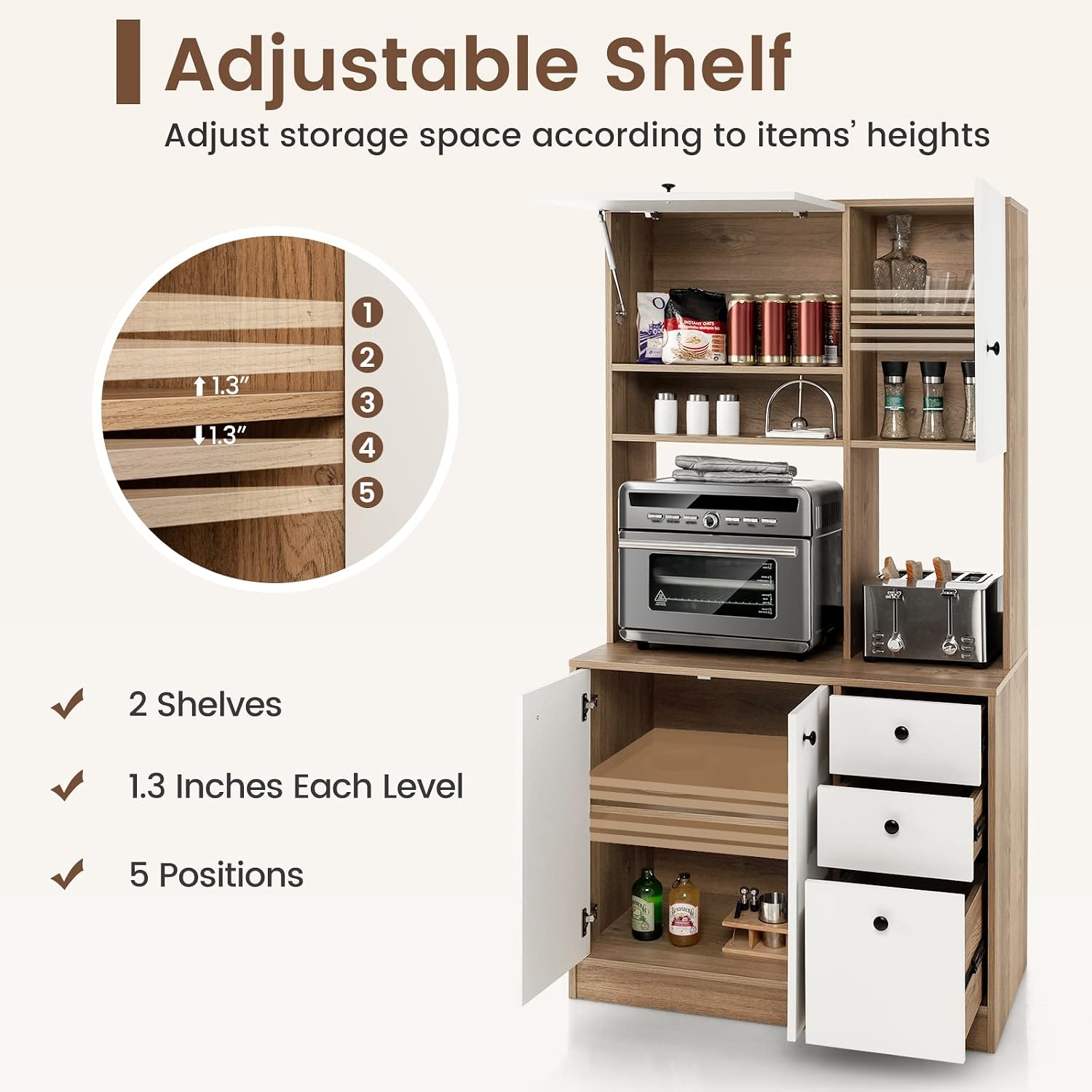 PETSITE Kitchen Buffet Hutch Storage Cabinet, 71" Freestanding Pantry with 3 Cabinets & Drawers, Adjustable Shelves, Microwave Cupboard for Living Room, Dining Room