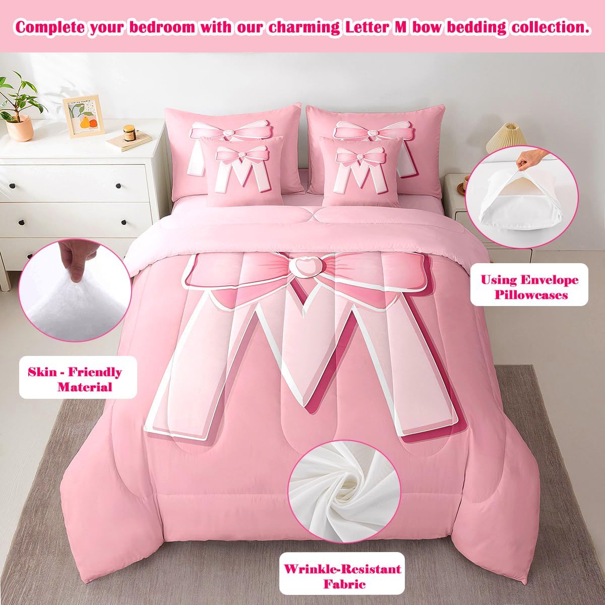 jejeloiu Pink Bowknot Bed Set, Full Size, Decor Gifts for Women Teen Girl Ultra Soft Personalized Initial M 7 Pieces Beeding Set, Girly Romantic Bed in a Bag with Comforter, Sheets, Pillowcases