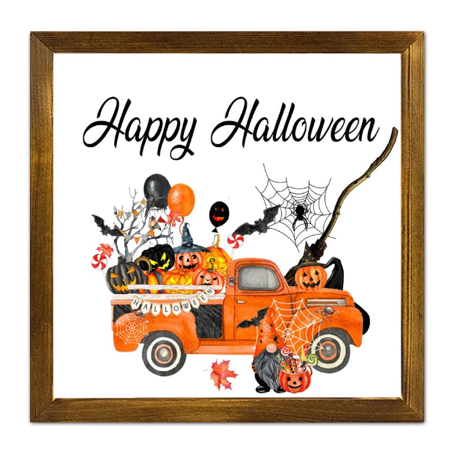 Cadre en bois orange citrouille d'Halloween 30x30 cm avec motif sorcière Witch's Brew