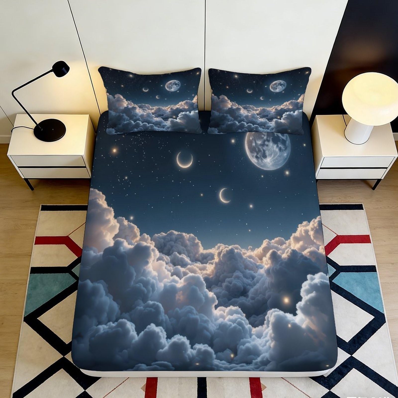 3D Printed Moon Cloud Fitted Sheet Microfiber Soft Breathable Night Sky Mattress Cover Bedroom Decor 90x200x25cm