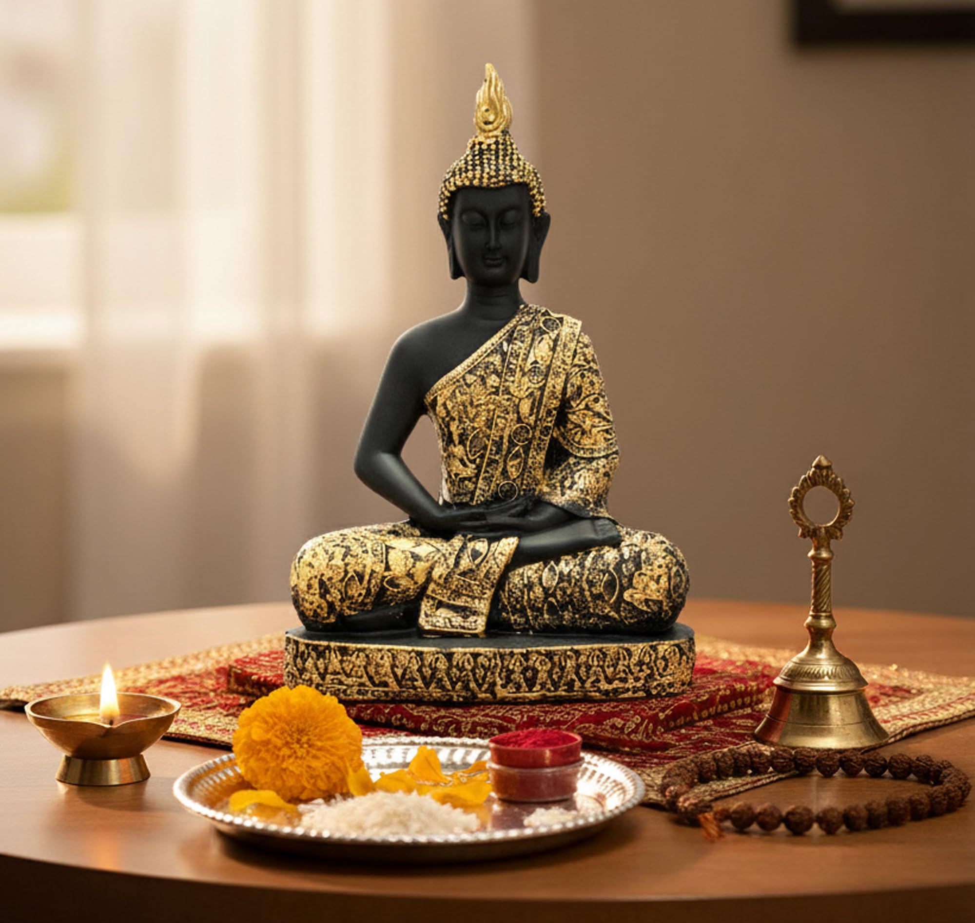 Esplanade Likely Brown Or Tan Meditating Buddha Statue For Home Decor | Resin Sitting Buddha Showpiece For Living Room, Office Table Or Desk, Shelf | Tibetan Buddhist Idol | Zen And Yoga Figurine
