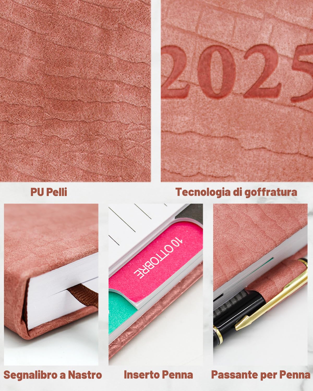 HW CASA Pelle PU Patchwork Bicolore Agenda 2025 Giornaliera,Una Sola Pagina per Un Solo Giorno,Formato A5,200 Pagine,Con Etichette Mensili Colorate e Piani Mensili,Con Passante per Penna (Rosa)