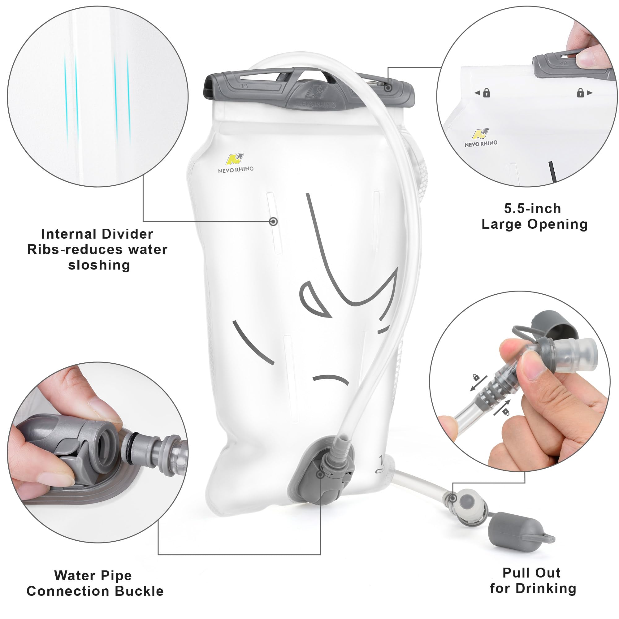N NEVO RHINO Wasserblase 1,5 l - 2 Liter, BPA-freie Trinkblase für Wanderrucksack, Laufweste, auslaufsichere Wasserspeicher-Aufbewahrungstasche für Camping & Outdoor-Abenteuer