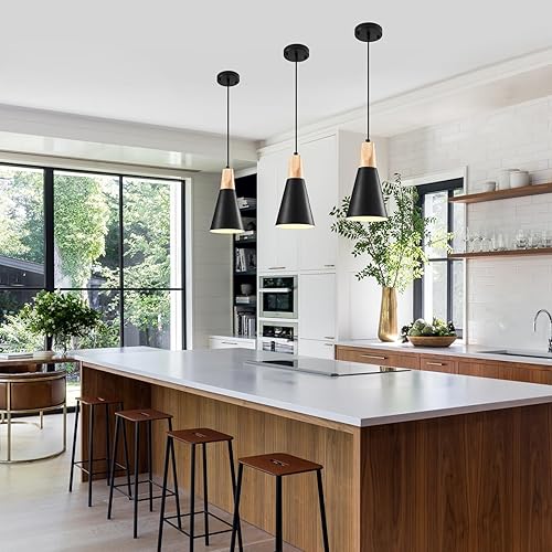 Miniatura 6 de Lámpara colgante negra de granja, paquete de 3 luces colgantes para isla de cocina, luz colgante de cocina de madera, luz de isla, lámpara colgante