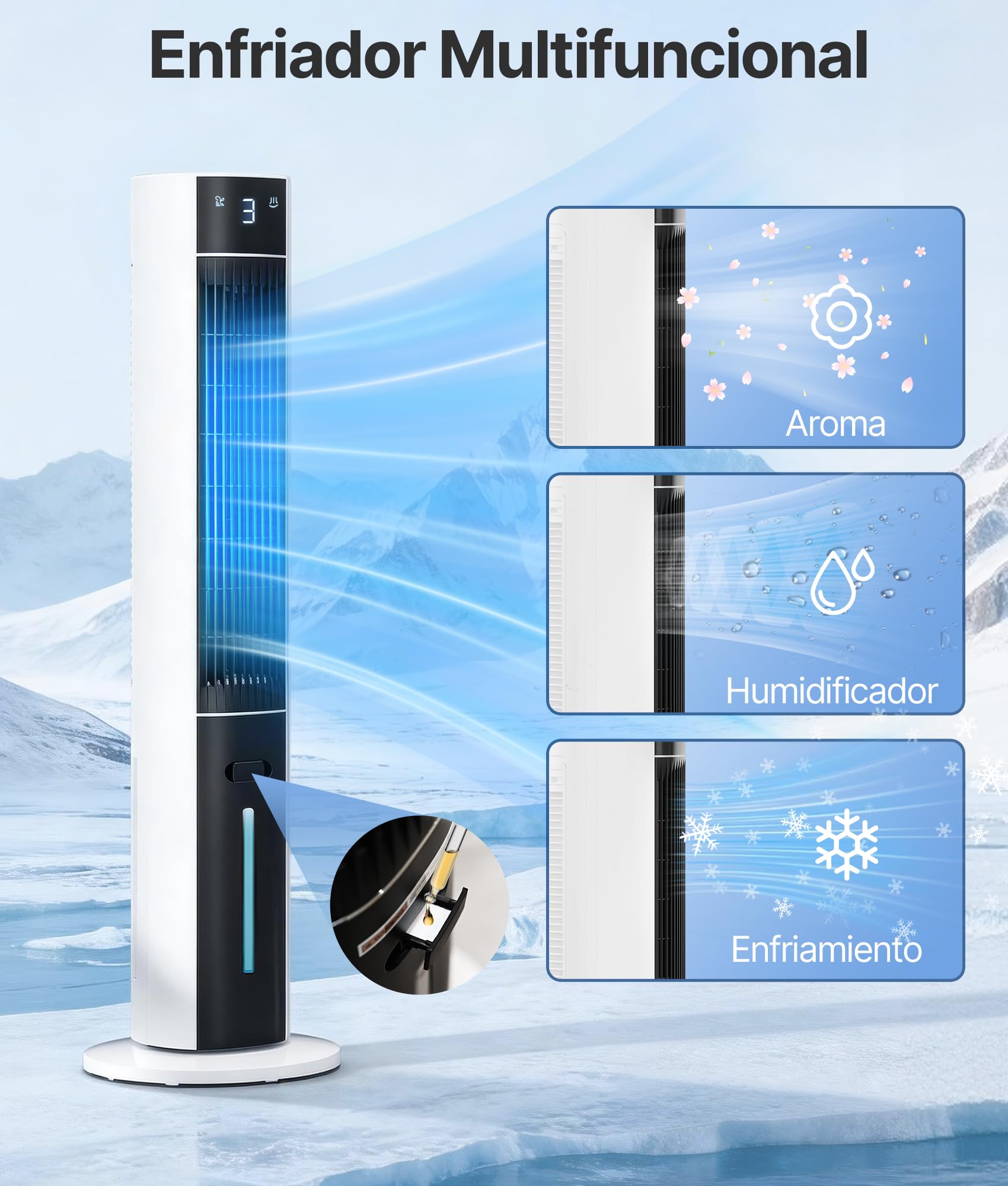 Climatizador Evaporativo Portátil- Alternativa al Aire Acondicionado Portatil Enfriador de Aire Silencioso,3 Modos, Temporizador 12H, Mando, Función Aroma, Blanco