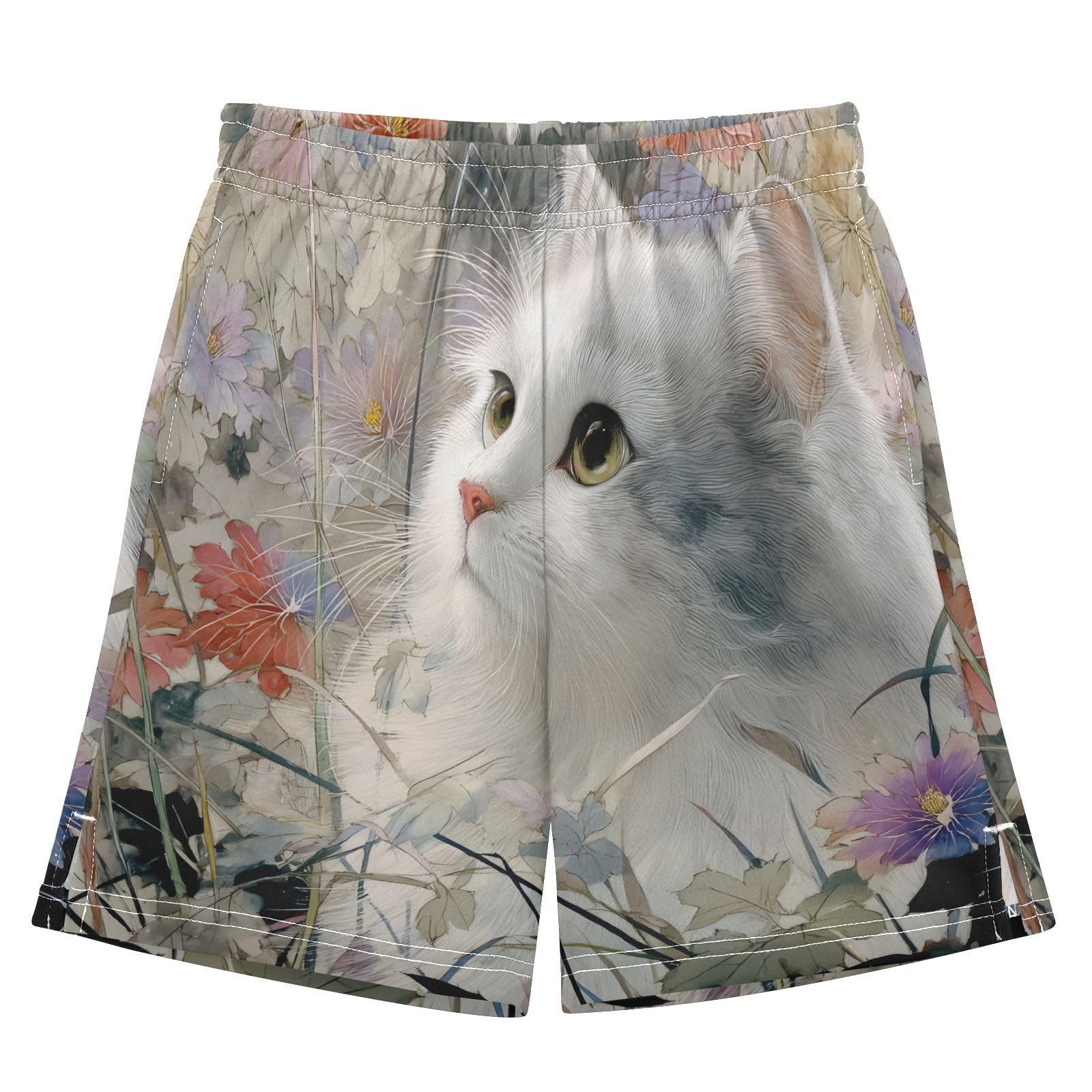 Cute White Cat Shorts for Boys Summer Athletic Outdoor Boys Shorts Size 9-10
