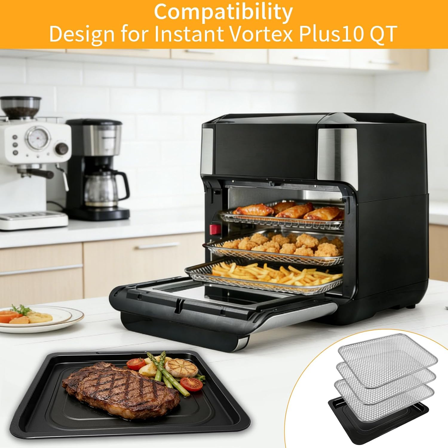 4 Pieces Set Air Fryer Tray Basket for Instant Vortex Plus10 Quart, 10.2×9'' Food Grade Replacement Parts Rack Grill Pan Crisper Plate for Innsky CROWNFUL 10.6Qt Air Fryer Oven, Dishwasher Safe
