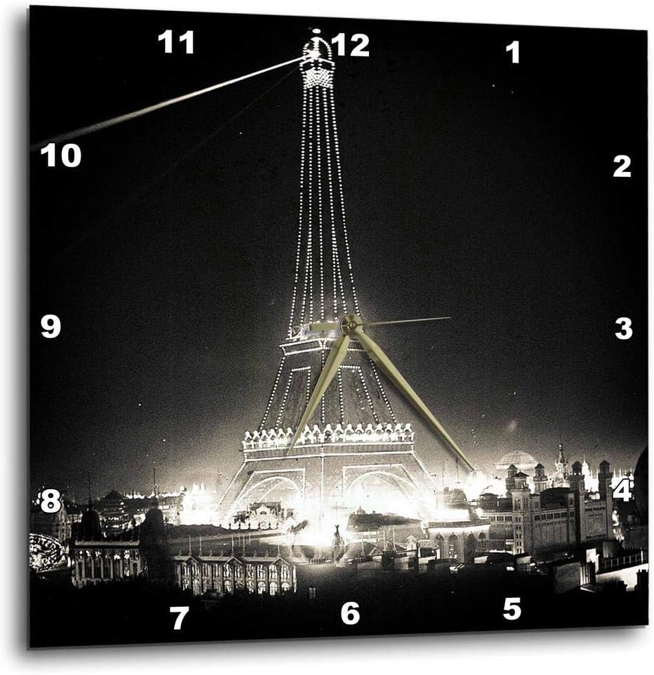 3dRose DPP_77379_1 Eiffel Tower Illuminated Paris Exposition 1900 Black & White Wall Clock, 10 by 10"