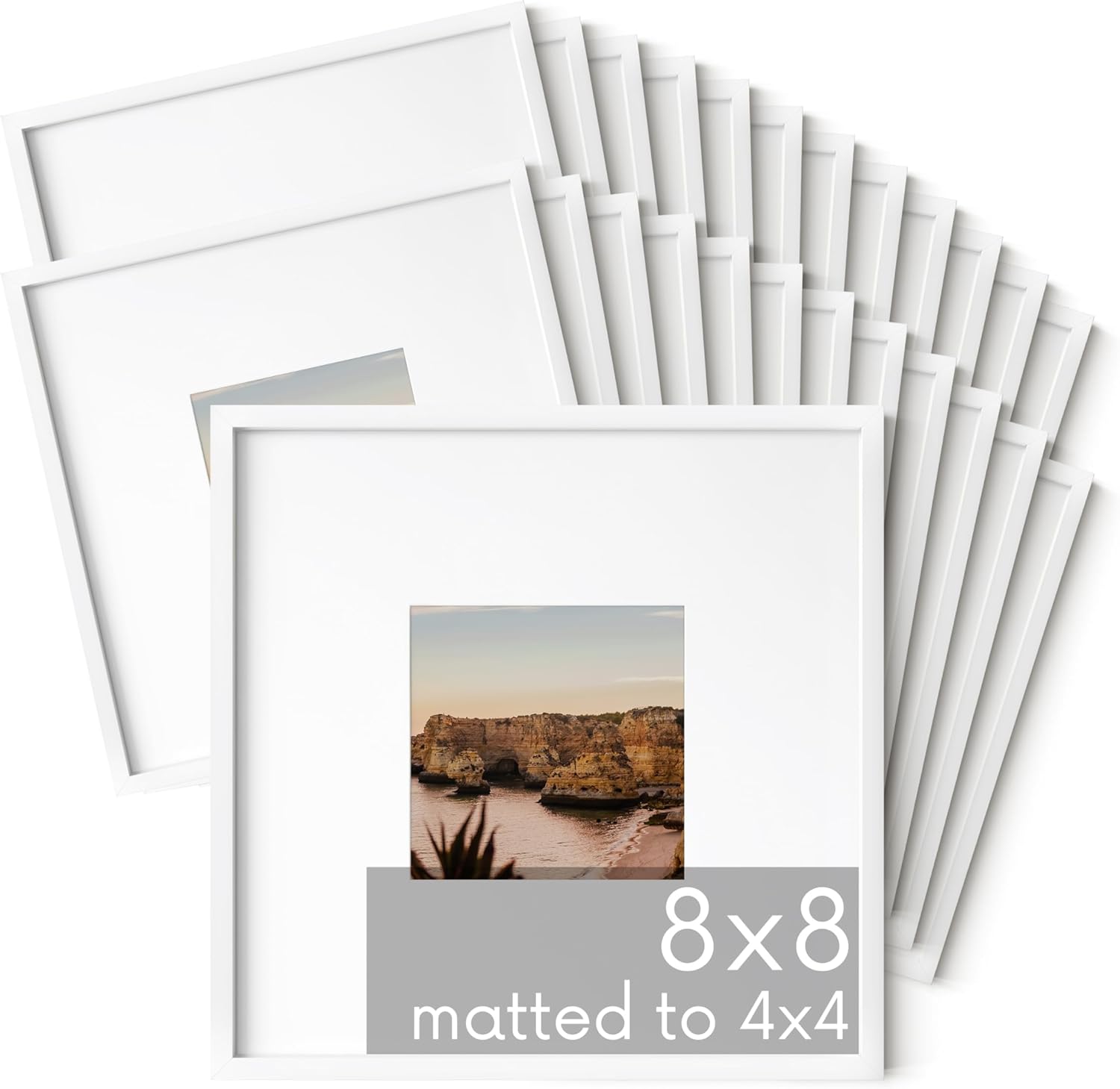 HAUS AND HUES 8x8 White Metal Picture Frames Matted to 4x4 - Features Premium Aluminum & Hanging Hardware, Shatterproof Plexiglass - Ideal for Home, Room, Office (8x8 in, White, Set of 25)