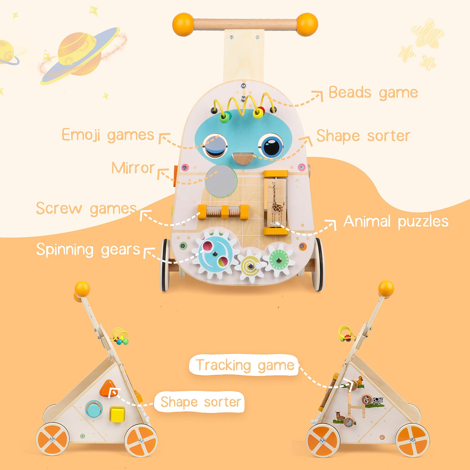 Jacootoys Activité Walker en Bois, Vitesse réglable Bambin Push Walker Activity Center Toy, Baby Walker en Bois Push et Pull Learning Walker pour garçons Filles 1 2 3 Ans