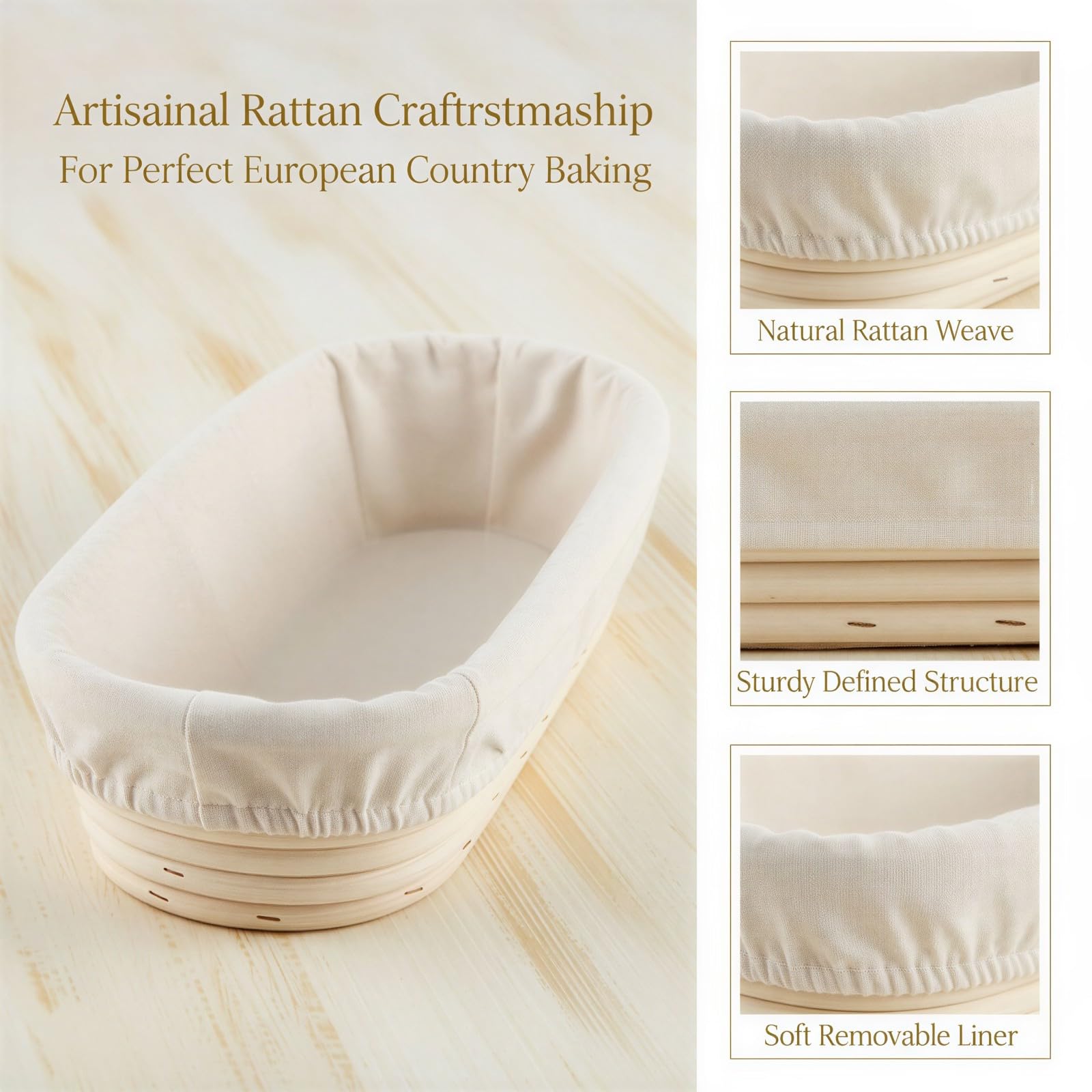 2 Stk. Brot-Gärkorb-Set, ovale Rattan-Gärkörbe mit Stoffeinlage für Sauerteig und Baguette, 34 x 10 x 5,5 cm, für Hobbybäcker, Landhausstil, Küche und Dekoration