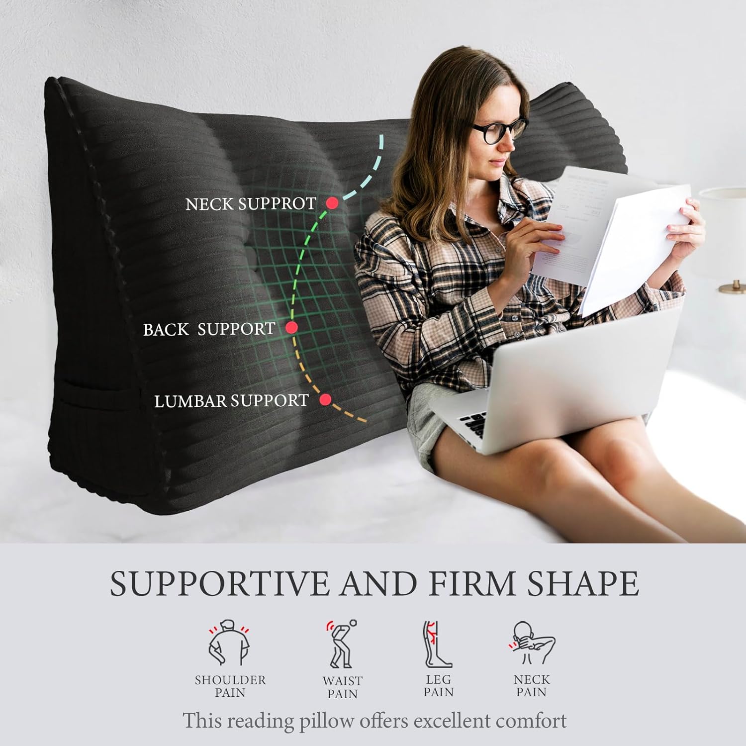 10 lbs Thickened Headboard Pillow Wedge Pillow Headboard Reading Pillow Bed for Comfortable Backrest Reading Triangular Pillow with Side Pocket Backrest Pillows for Sitting in Bed Full