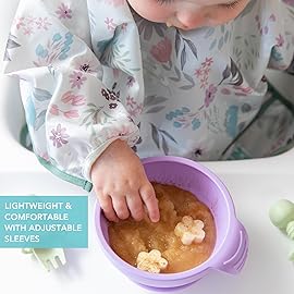 Bumkins Sleeved Bib for Girl or Boy, Baby and Toddler for 6-24 Mos, Essential Must Have for Eating, Feeding, Baby Led Weaning Supplies, Long Sleeve Mess Saving Food Catcher, Soft Fabric, Floral Gray