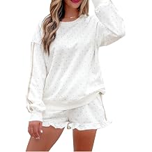 EARKOHA Womens 2 Piece Sets White Polka Dot Print Side Stripe Detail Casual Sweatshirt 2pcs Short Set