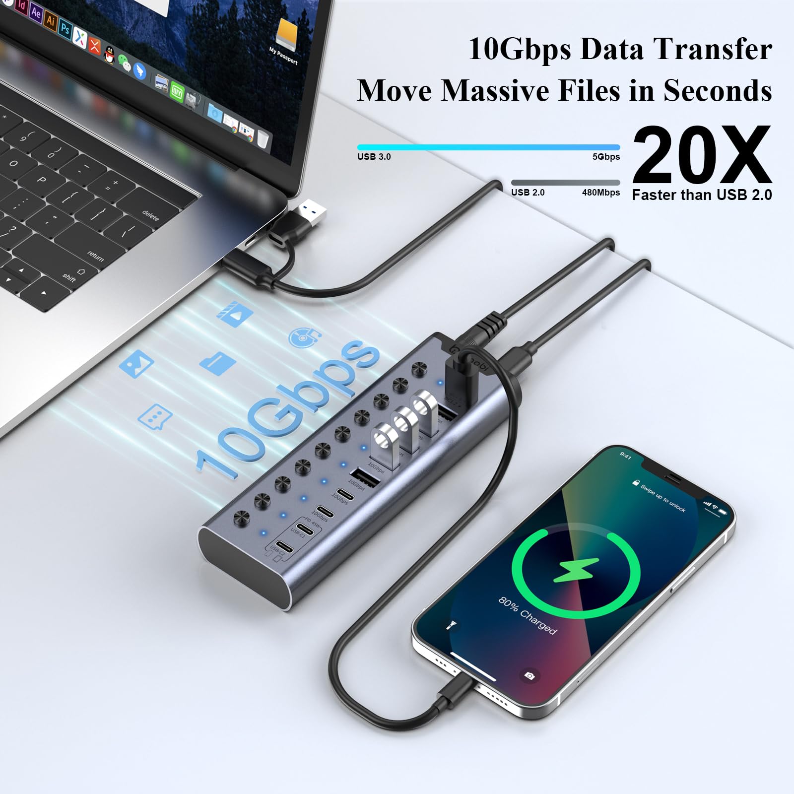 Hub USB alimentato, hub USB C a 10 porte con 6 porte USB-A 3.2, 4 porte USB-C 3.2, 2 porte di ricarica PD 45 W interruttori individuali e adattatore di alimentazione 24V/3A, estensione USB per MacBook