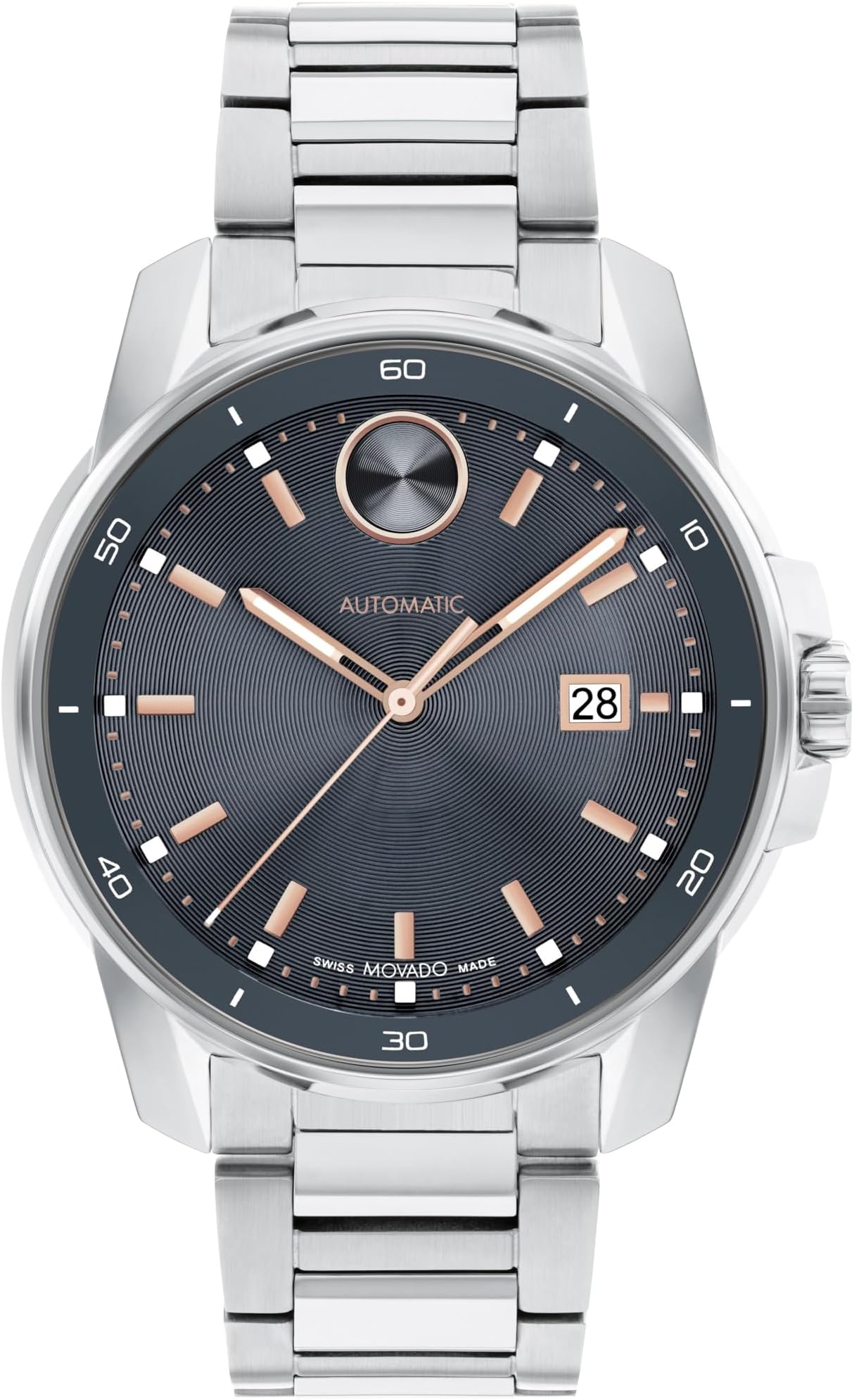 Movado Bold Verso Automatic Men's Luxury Watch - Swiss Self-Winding Movement, Stainless Steel Bracelet, Water Resistance 100 Meters (10ATM) - Classic Mechanical Timepiece - Gift for Him - 43mm