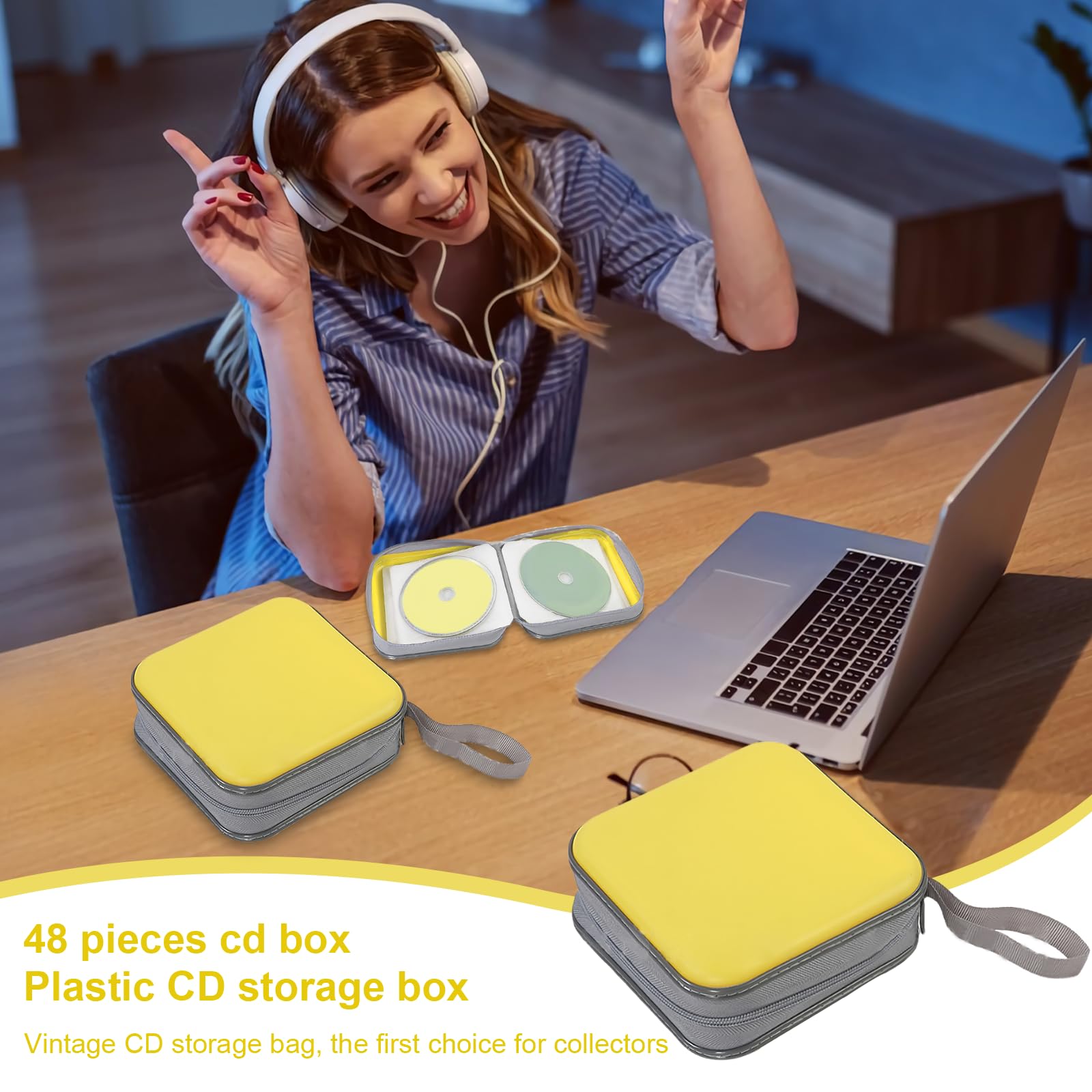 Porta CD portatile con cerniera, per 48 CD e DVD, per auto, casa, viaggi (giallo)