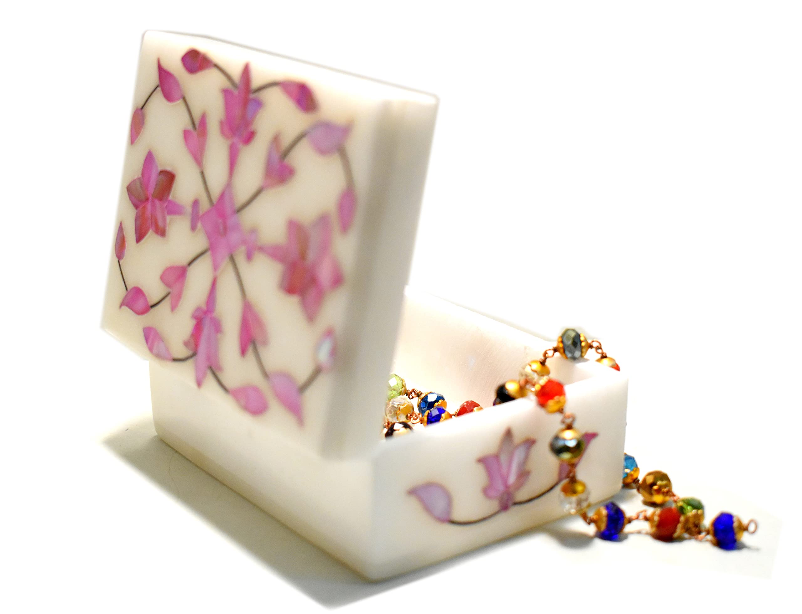 MARBOGLASS India Marble Beautiful Seashell floral Inlay Work Jewelry Box for Small Precious Rings 4X3 inch Rectangular Shape (Pink)-image-26