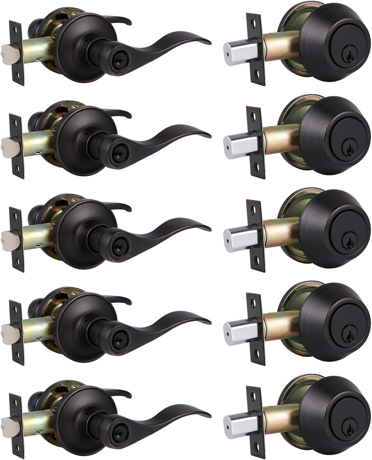home improvement direct 5 Pack Front Door Lockset with Single Cylinder Deadbolt, Keyed Alike Exterior Door Lock Set, Oil Rubbed Bronze Wave Style Door Handle and Deadbolt Set