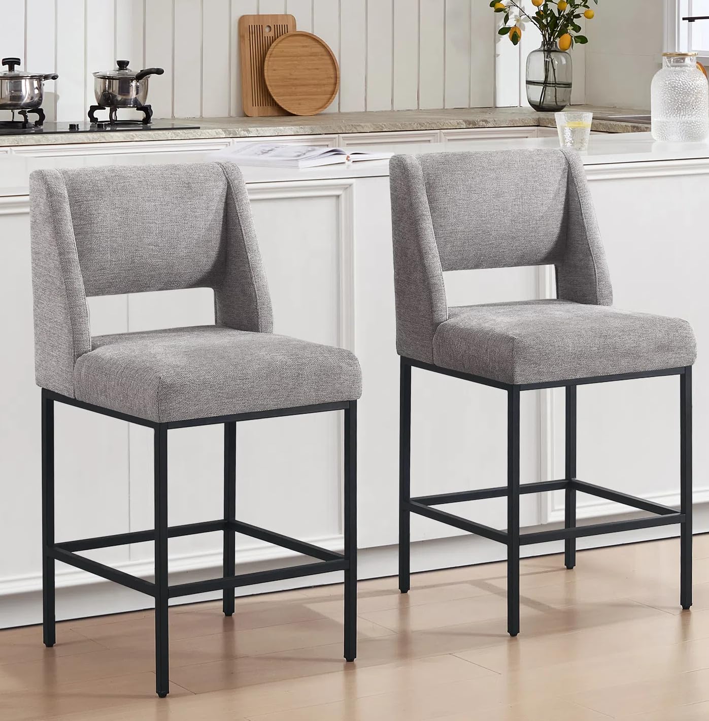 Zesthouse Upholstered Counter Height Stools Set of 2, 26" Oversized Bar Stools with Wide Back, Metal Barstools Heavy Duty 300 Lbs, Modern Counter Height Chairs for Kitchen Island, Gray Linen Fabric