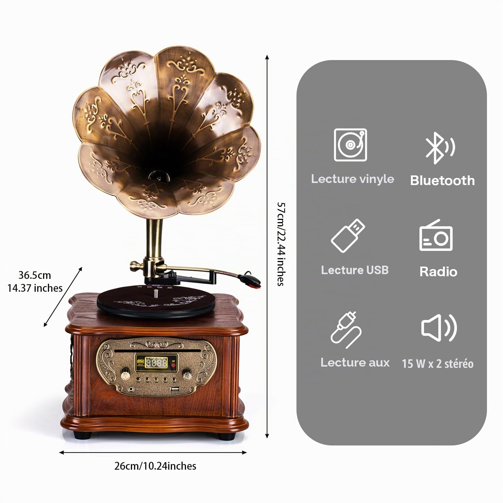 Tourne-Disque rétro Noir avec Bluetooth, phonographe et Lecture de CD, Radio FM, Commande par télécommande (vs-1722 CD)