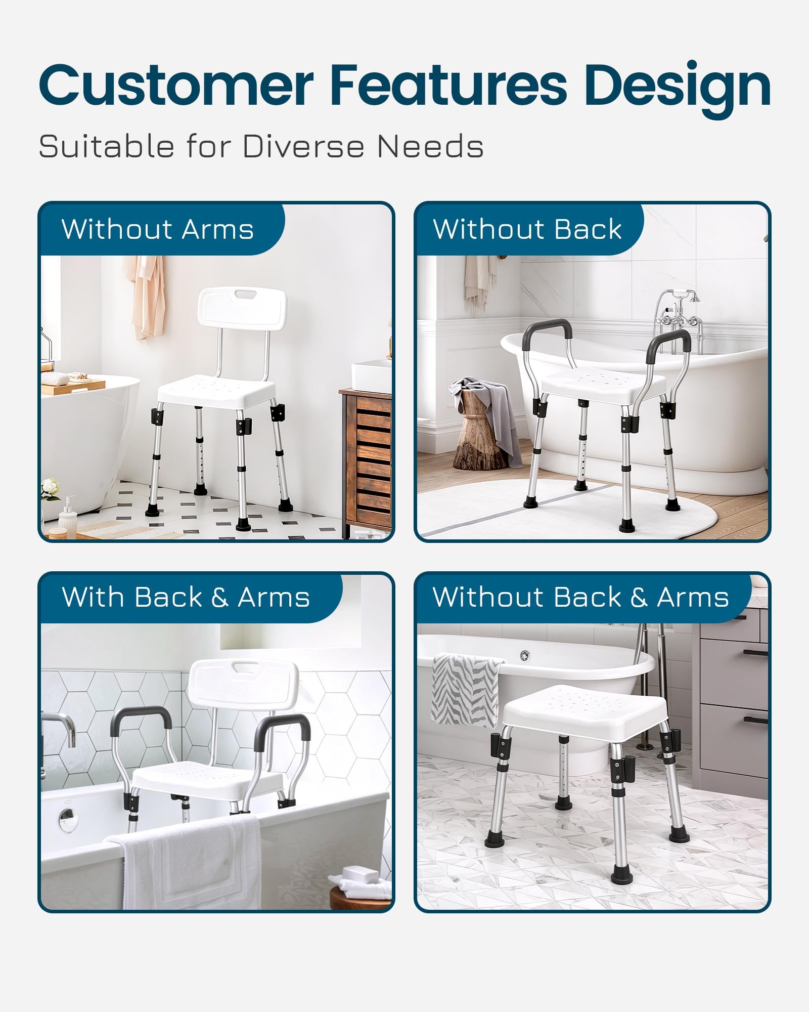 HDB-796C - Silla de ducha para ducha interior con respaldo, asiento de ducha resistente para bañera - Asiento de baño de seguridad de altura ajustable para ancianos discapacitados y