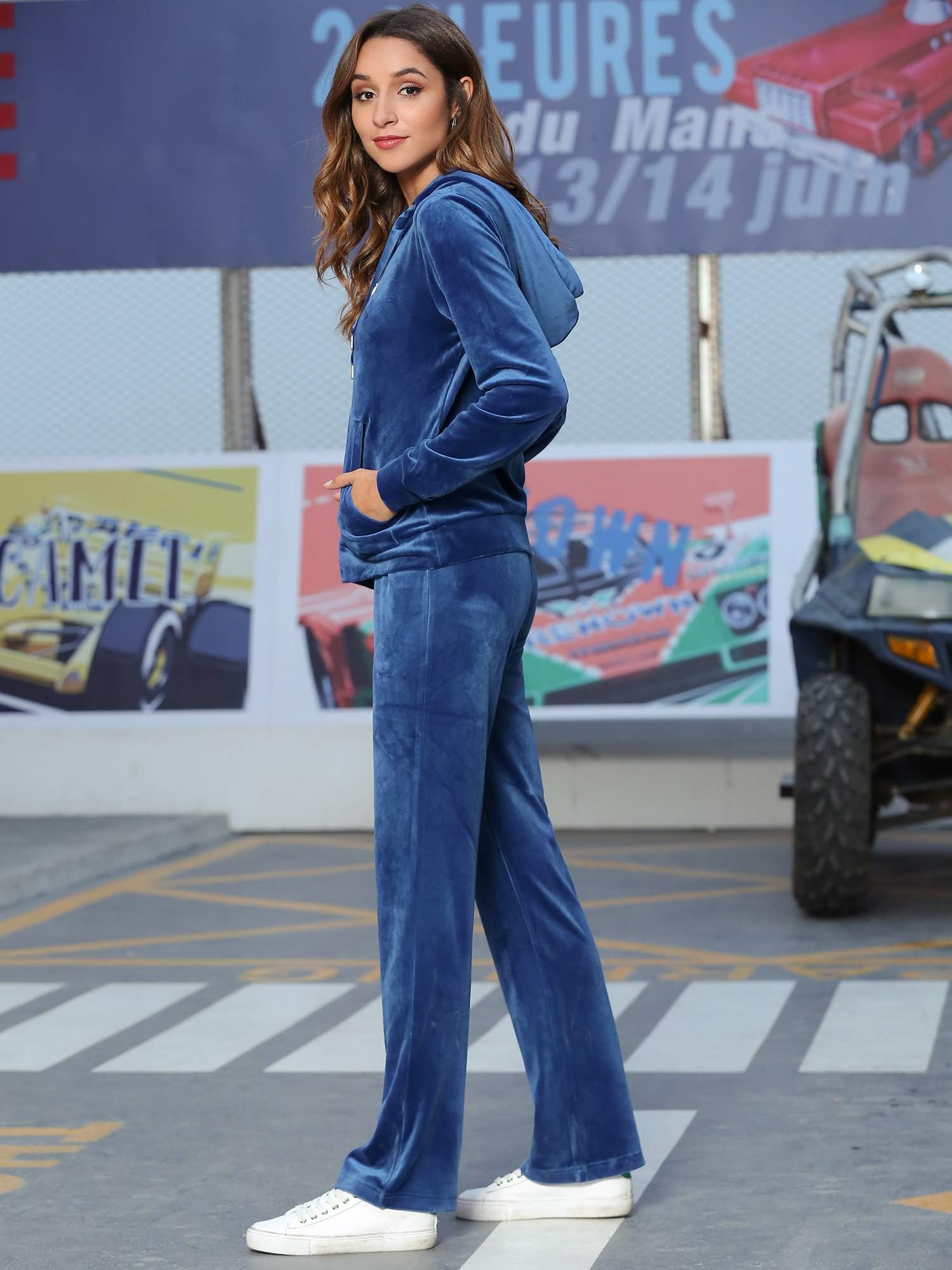 MessBebe - Tuta da donna in velluto, con cappuccio, a maniche lunghe, stile casual, completo in 2 pezzi