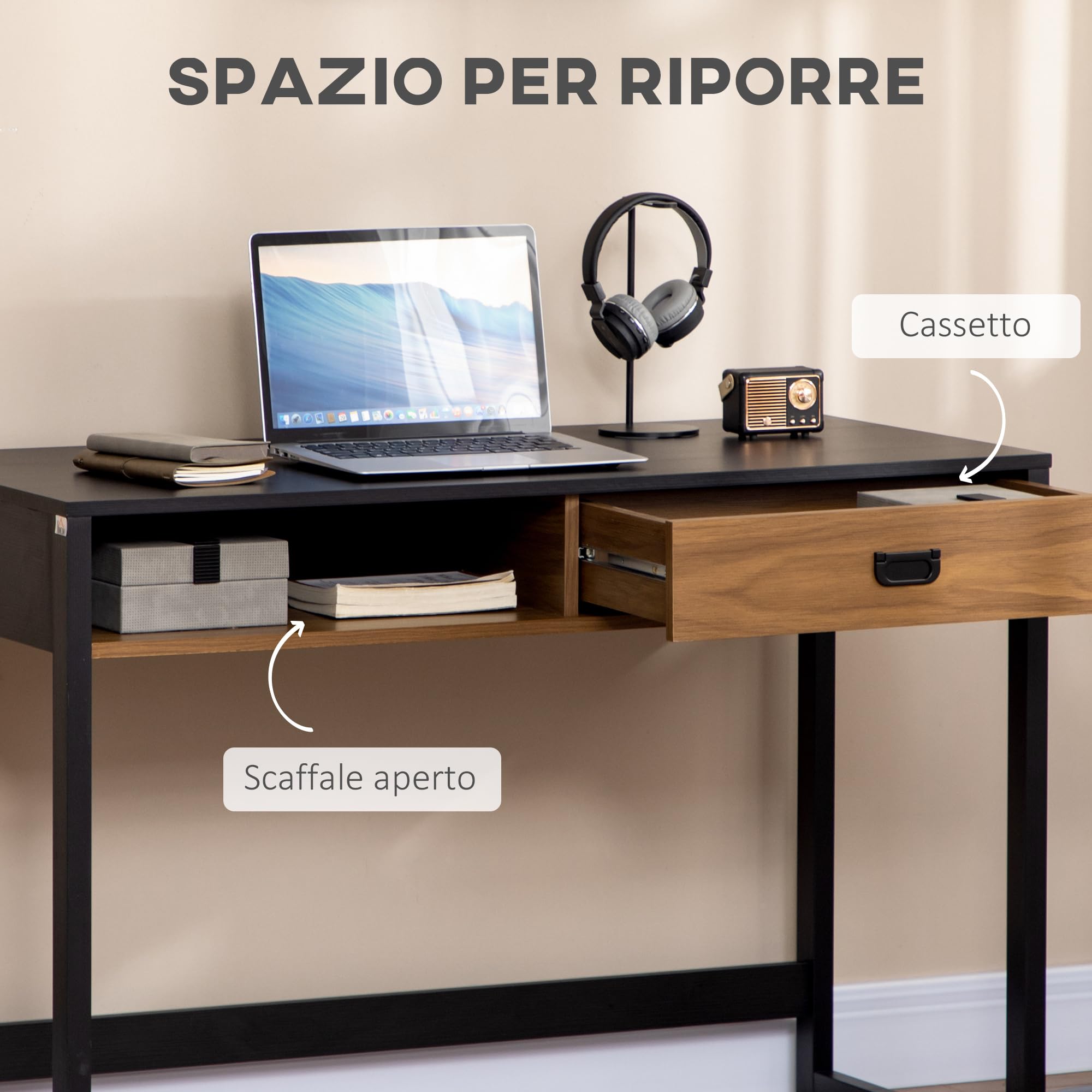 HOMCOM Scrivania per Camera e Ufficio con Ripiano 110x50x76cm Noce e Nero | Cassetto, in Legno, Stile Industriale