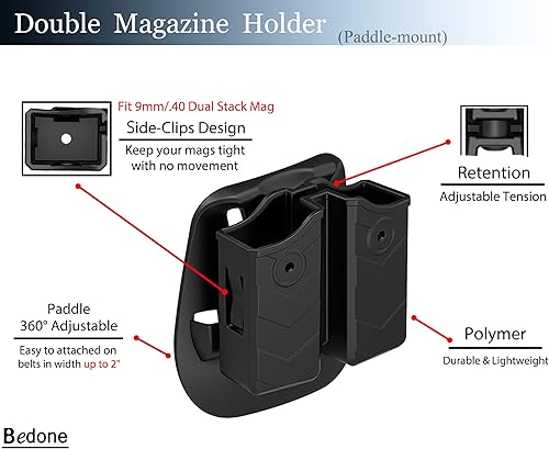 Miniatura 9 de OWB Funda doble para cargador; soporte universal para cargadores de doble pila de 0.354 in/40, se adapta a Glock/S&W/Ruger/Sig