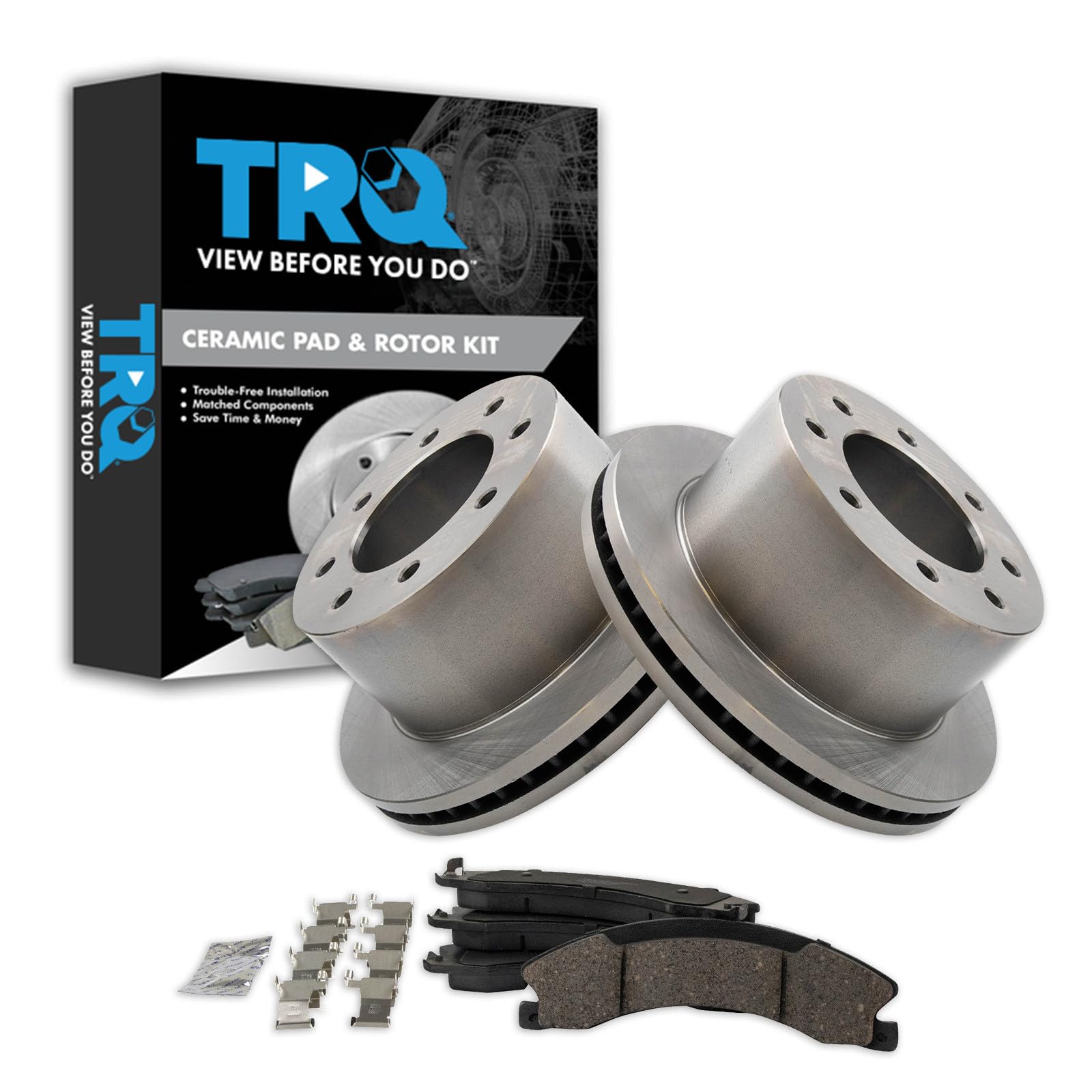 TRQ Rear Brake Pad &amp; Rotor Kit Ceramic Vented Compatible with 2011-2019 Chevrolet Silverado 3500 HD GMC Sierra 3500 HD