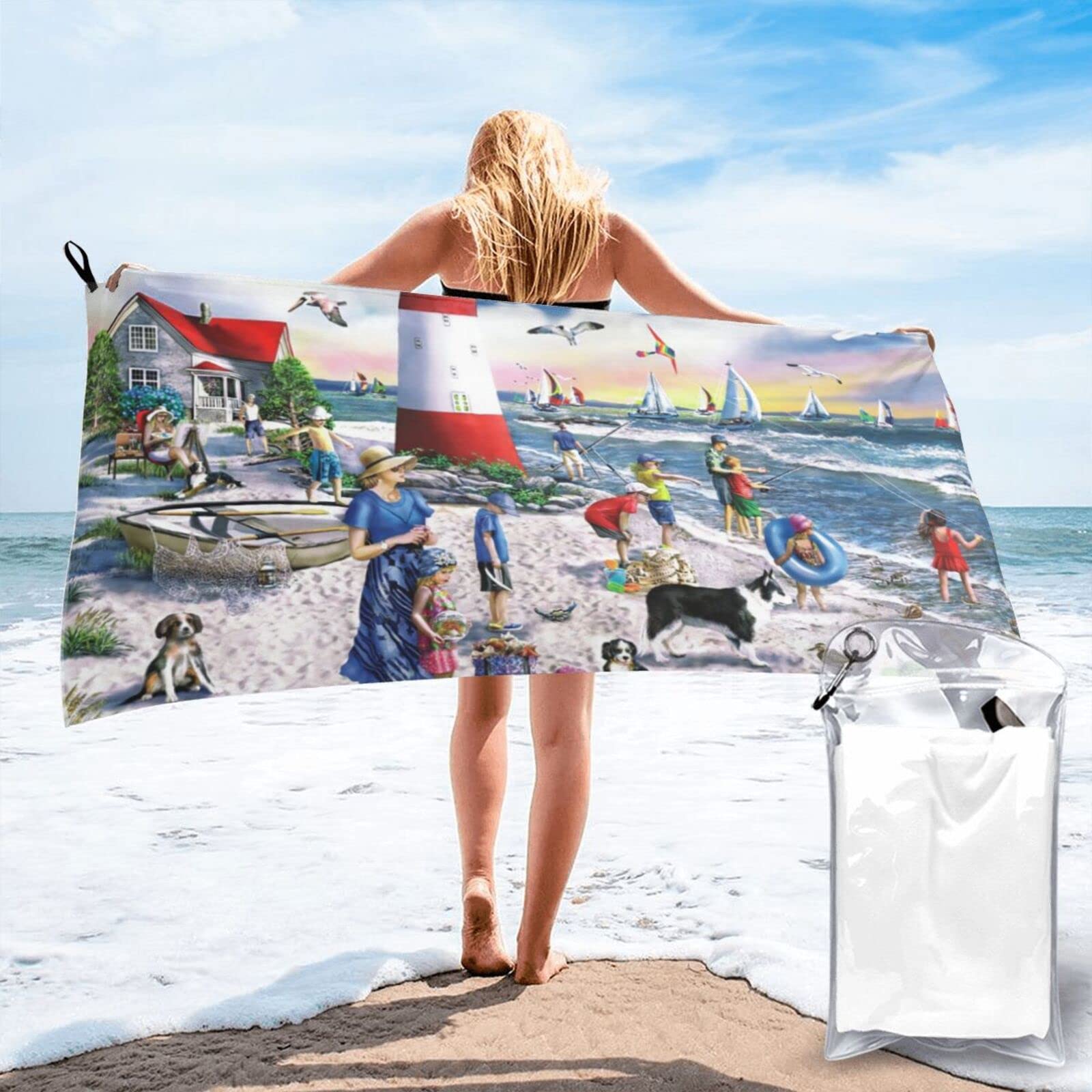 Lawenp Lighthouse and Beach Microfiber Beach Towel Adults Large Quick Drying Bath Towel Travel Towels with Pouch 31.5"x63"
