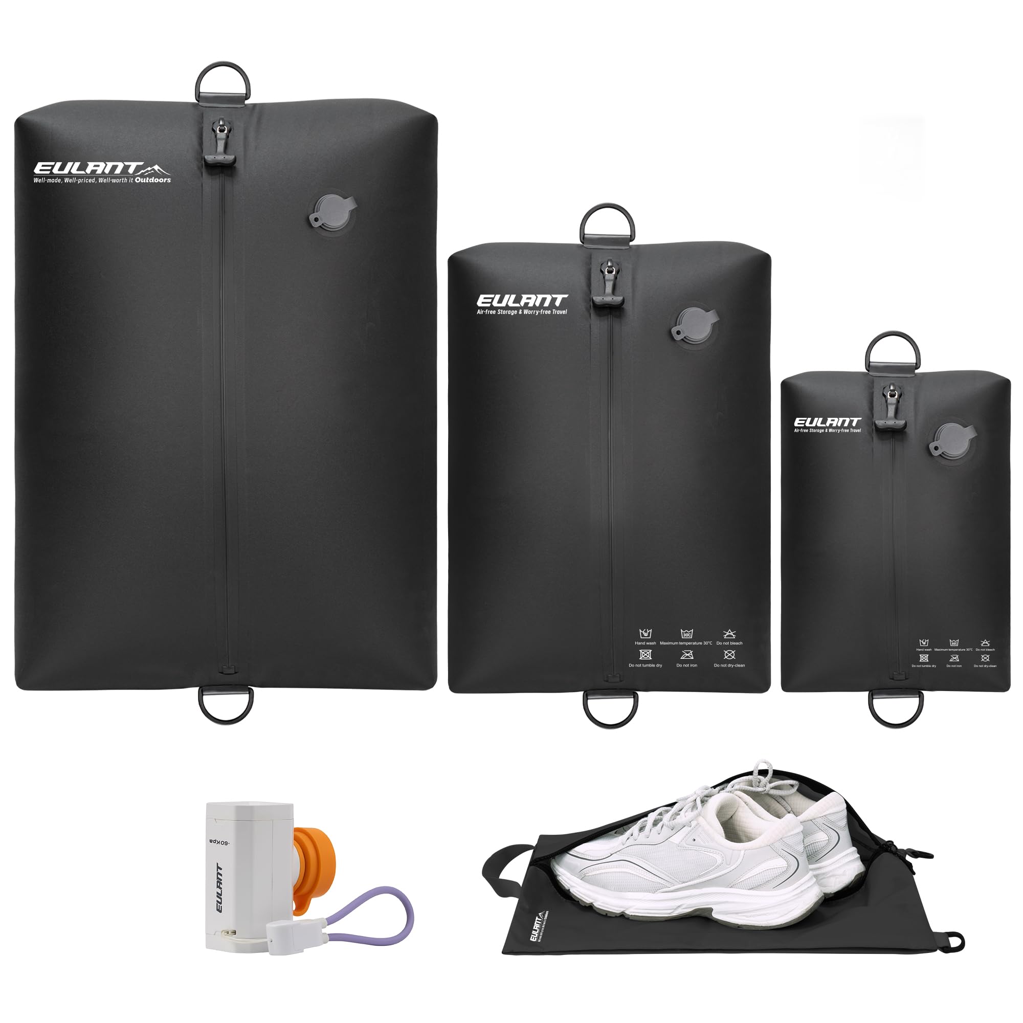 EULANT TPU-Reise-Vakuumbeutel mit Pumpe, wiederverwendbares Reisepack-Vakuum-Set mit IPX8-Reißverschluss, wasserdicht, platzsparende Tasche für Koffer/Rucksack, 3 x TPU-Kompressions-Verpackungswürfel