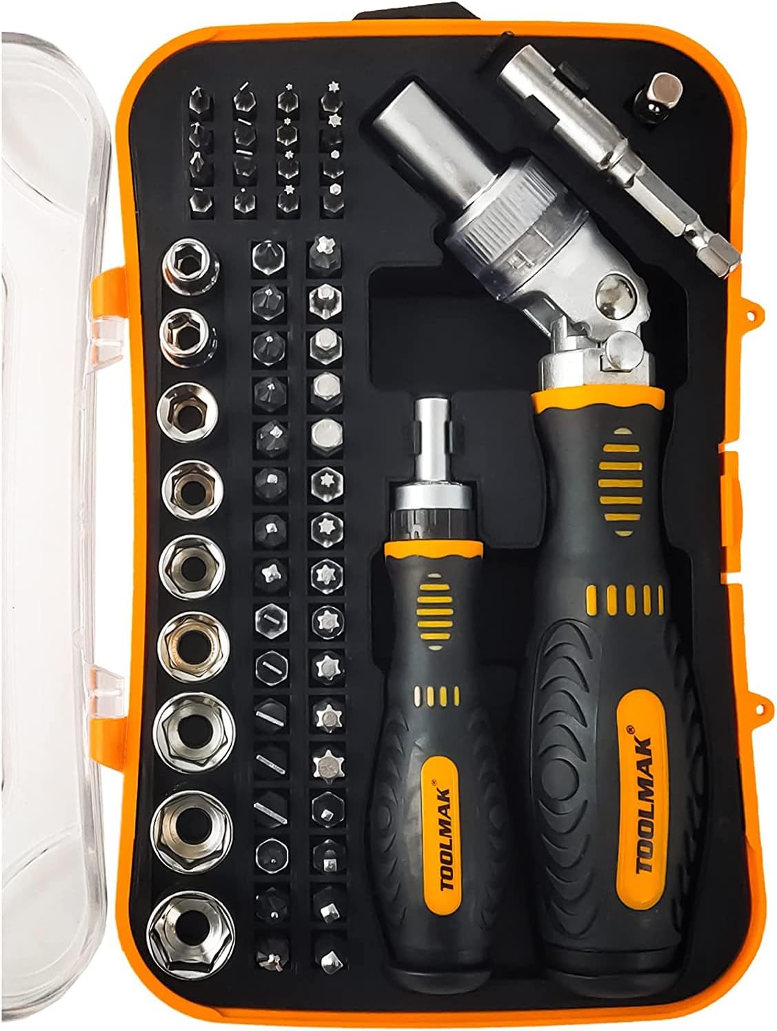 TOOLMAK 61pcs Ratcheting Screwdriver Set,Socket Set,Precision Screwdriver Bit Set with Rotatable Ratchet Handles ＆ Storage Case,Household Repair Tool Kits for Bike Watches and glasses,phones etc