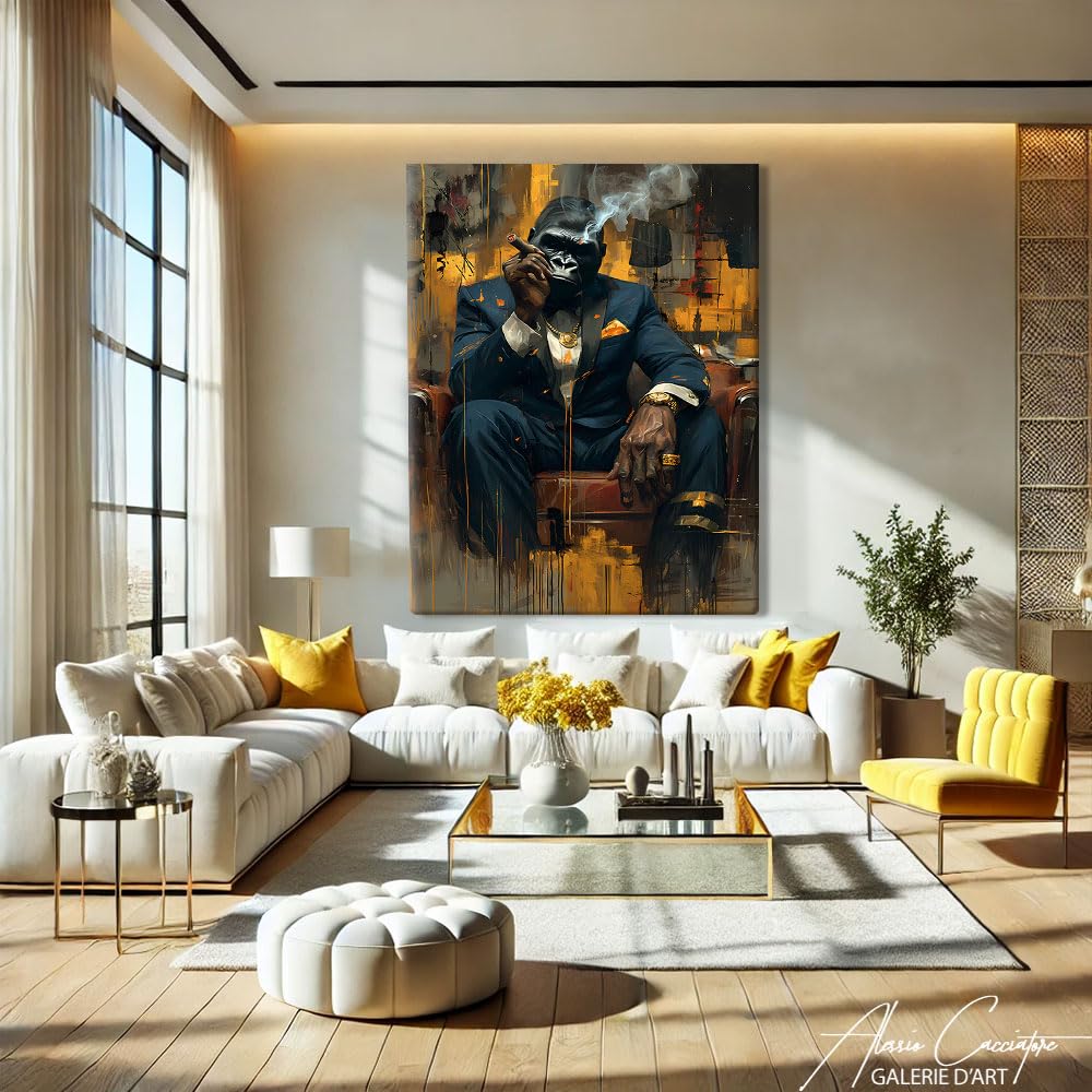 Alessio Cacciatore Quadro Gorilla Sigaro Con Cornice - Poster Arte Urbana - Quadro Street Art Mafia - Idea Regalo Adolescente Ragazzo 17 Anni - Stampa su Tela Scimmia - Decorazione animale da parete