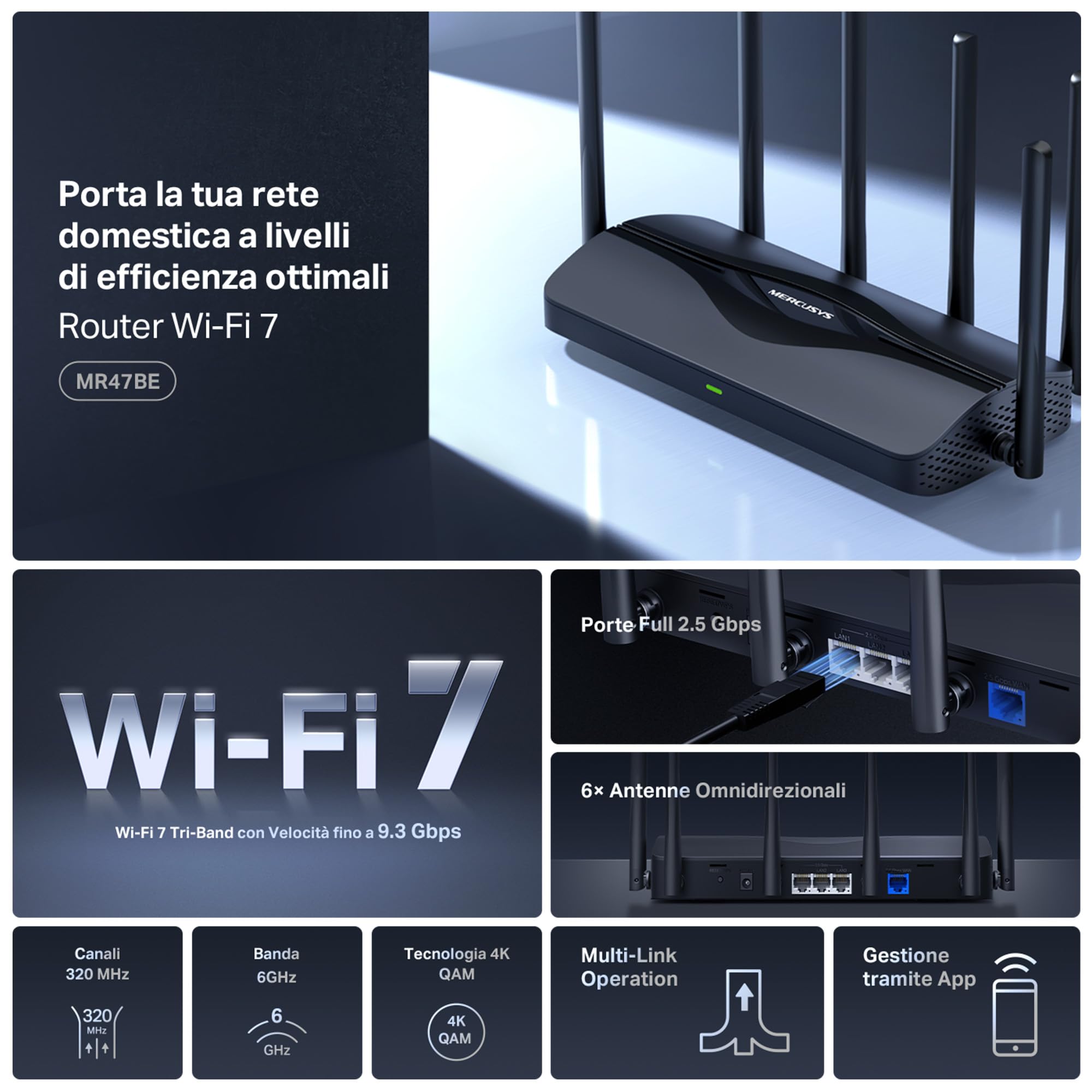 MERCUSYS TP-Link MR47BE Router WiFi 7 tri-band BE9300, 320 MHz, 4K-QAM, MLO, 4 Porte da 2,5 Gbps, Banda da 6 GHz, Beamforming, EasyMesh, 6 Antenne ad Alto Guadagno, Configurazione Semplice