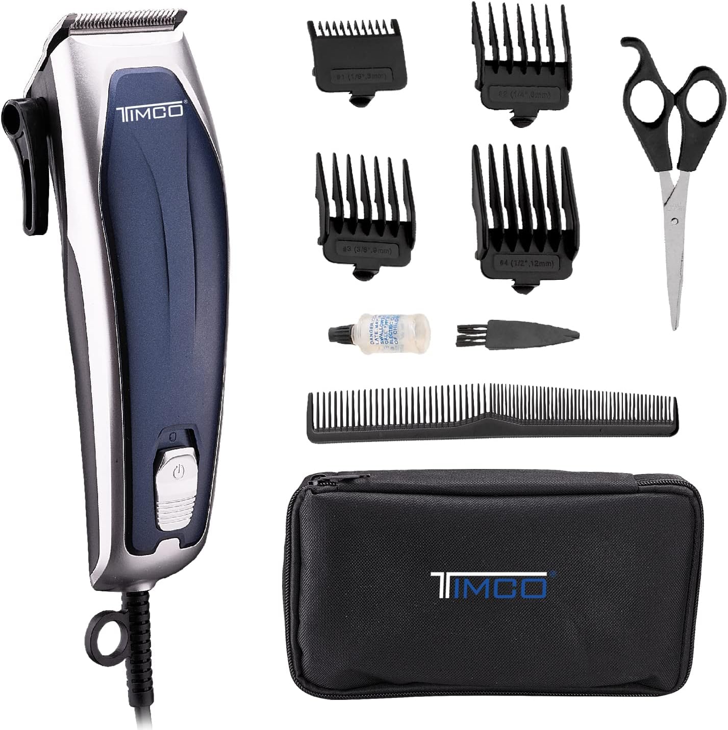 Timco HC4911A hair clipper kit laid out, showing the clipper, guide combs, scissors, oil, brush, and comb
