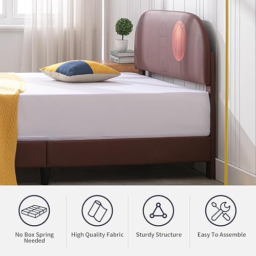 Miniatura 4 de Zafly - Marco de cama matrimonial para niños, marco de cama tapizado de madera con soporte de listones, marco de cama para niños con cabecera