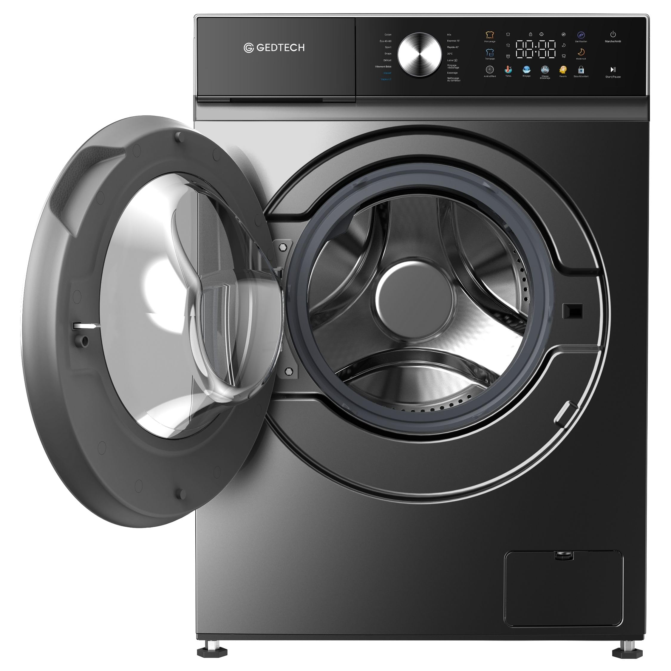 GEDTECH Lave-linge frontal GLLPS121400DG 12 Kg 1400 tr/mn 16 programmes Eco Intensif Rapide Faible conso Panneau commande LED couleur