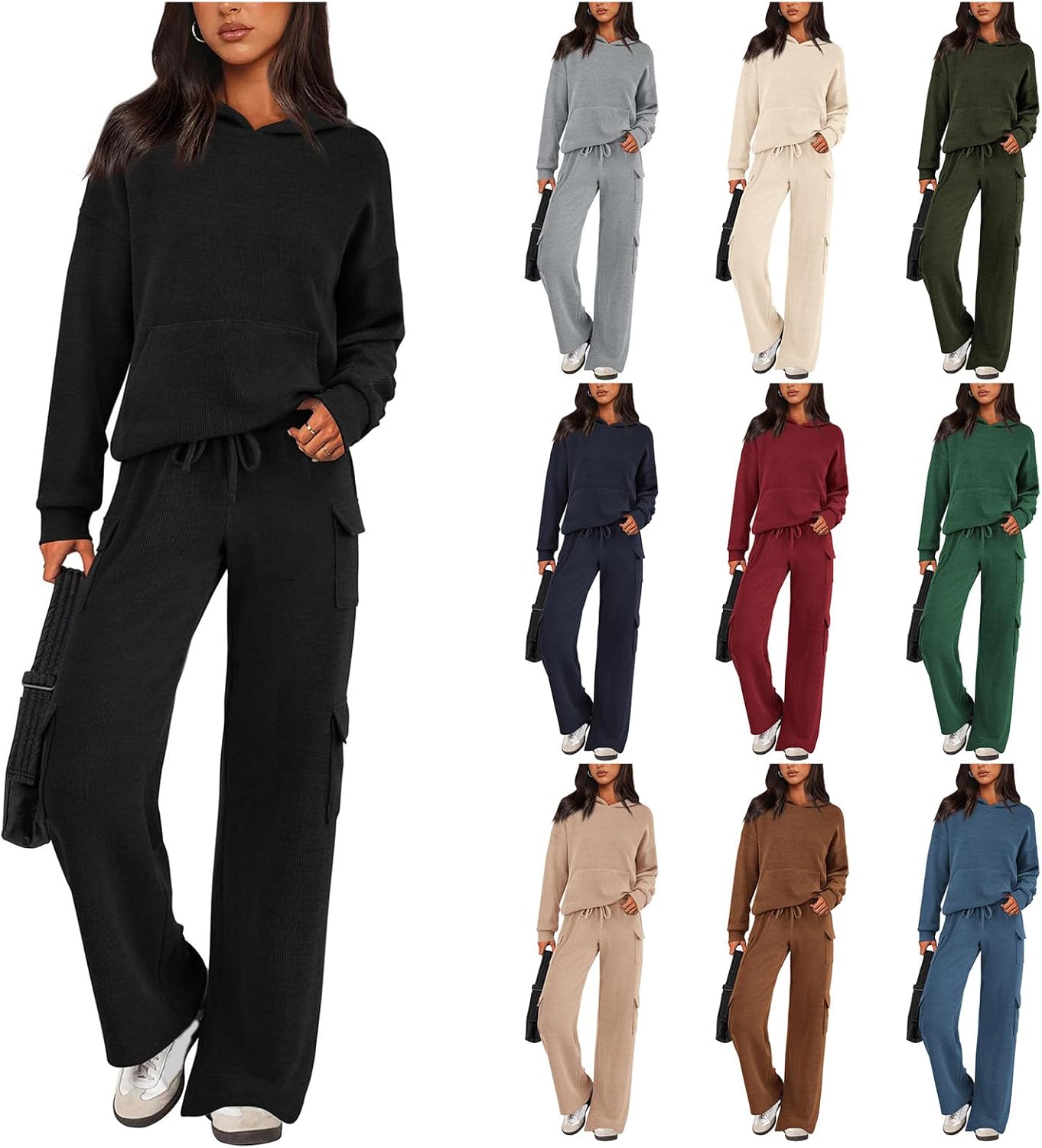 ZWRXW 2 Piece Sets for Women Lounge Hoodie Sweatsuit Sets Long Sleeve Sweatshirt Cargo Pants Matching Set Travel Outfits