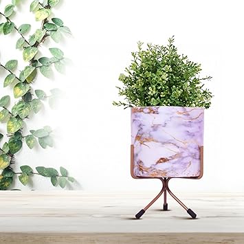 CINAGRO Metal Flower Vase Planter Pot with Iron Stand, Pots for Plants, Plant Pots for Home Decoration, Succulent Pot, Indoor Planter Garden Décor Style: Marble Mirage White - image, photos
