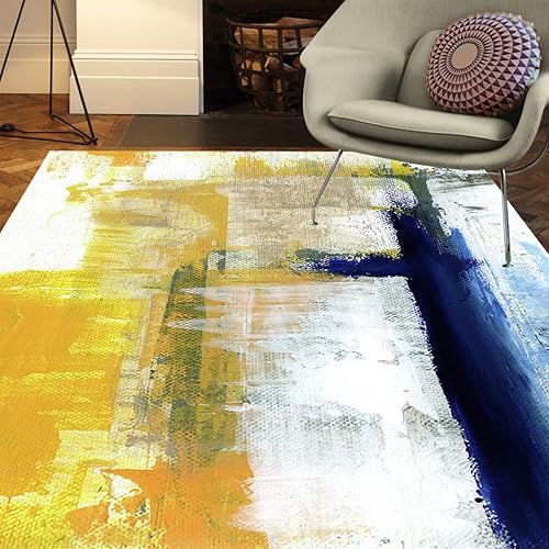 Miniatura 2 de Alfombra contemporánea moderna abstracta azul amarillo vibrante de 6 x 9 pies, de lana ultra suave, para sala de estar, dormitorio, comedor,