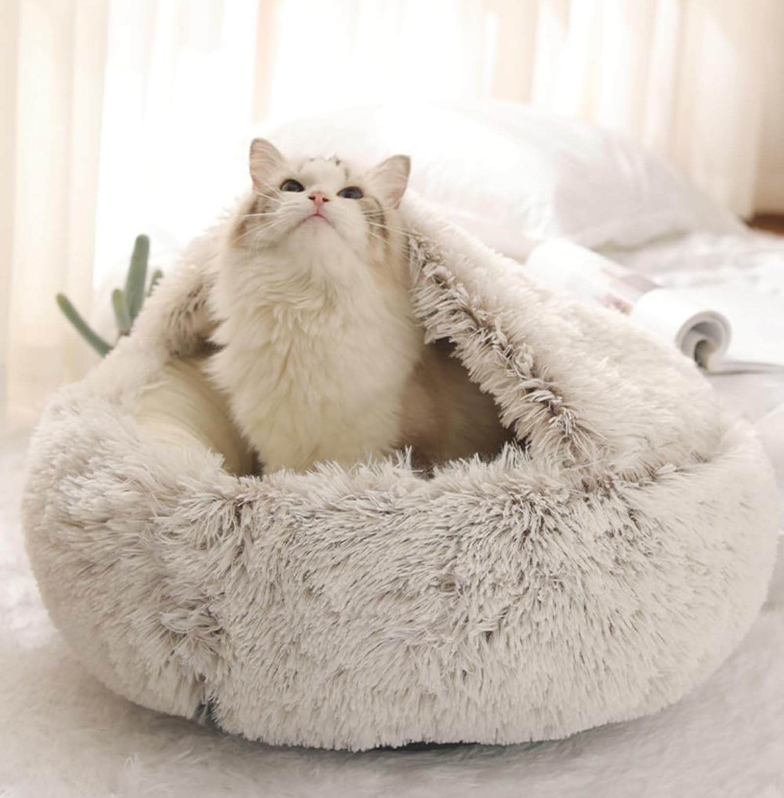 Beskie Calming Dog Bed & Cat Bed, Fluffy Plush Puppy Cushion, Kitten Cave, Small Dog Donut Cave, Indoor Cat Sleeping Bag - Image 3