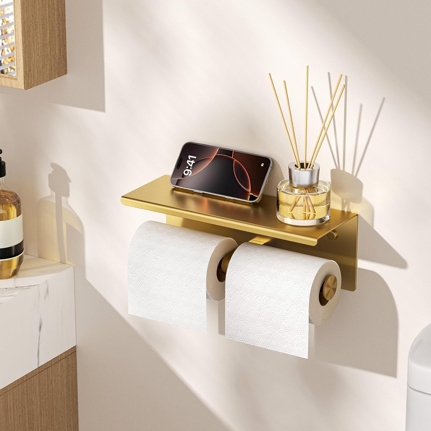 FORIOUS Double Toilet Paper Holder with Shelf, Wall Mount Tissue Roll Holder for Bathroom, 304 Stainless Steel Commercial Toilet Tissue Dispensers with Phone Shelf (1, Brushed Gold)